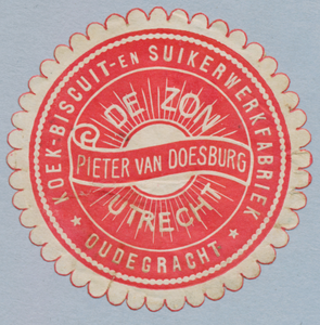 711664 Sluitzegel van “De Zon”, Pieter van Doesburg, Koek-, Beschuit- en Suikerwerkfabriek, Oude Gracht [213] te Utrecht.